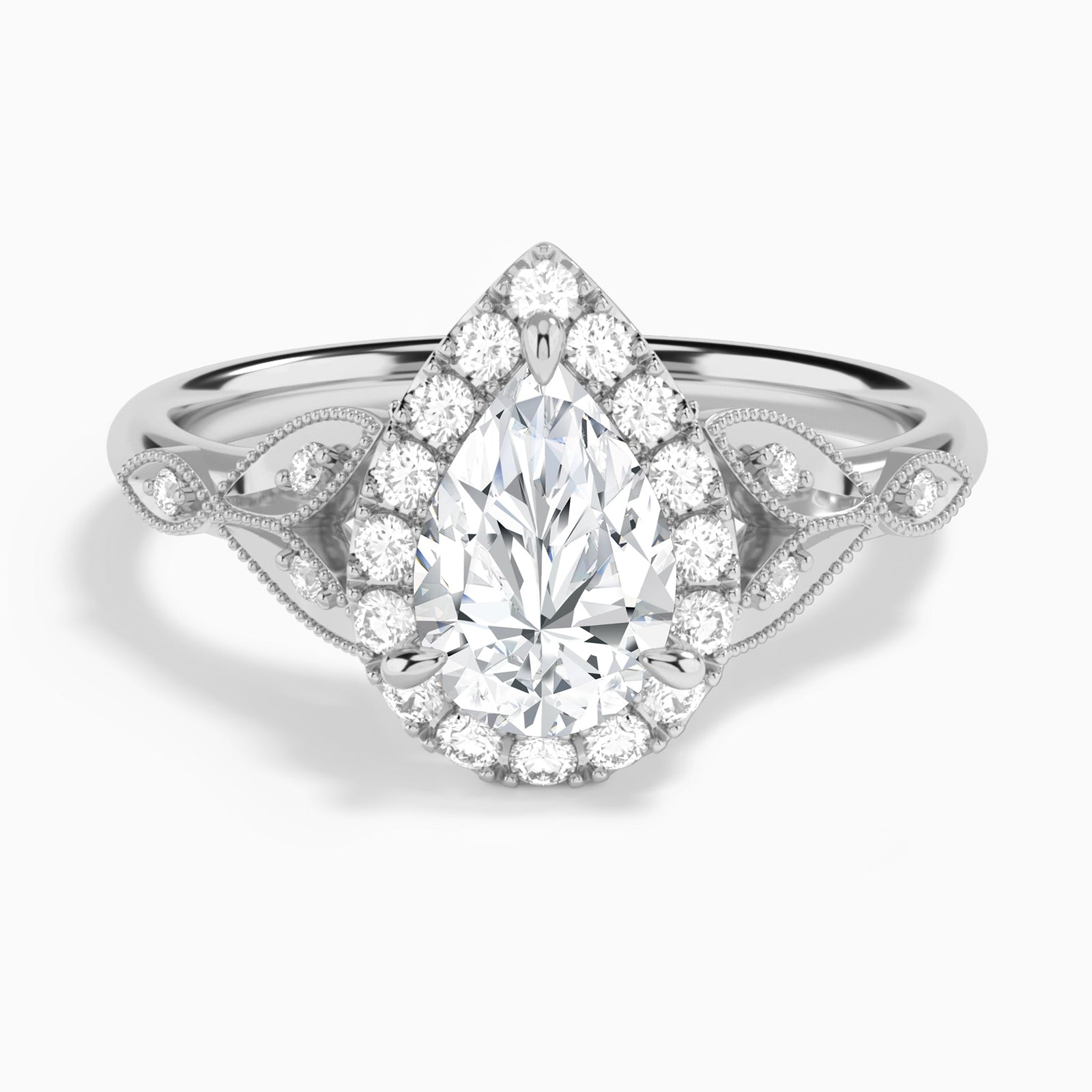 Pear Hyacinth Halo Lab Grown Diamond Engagement Ring In 14K White Gold - Lucenjuri