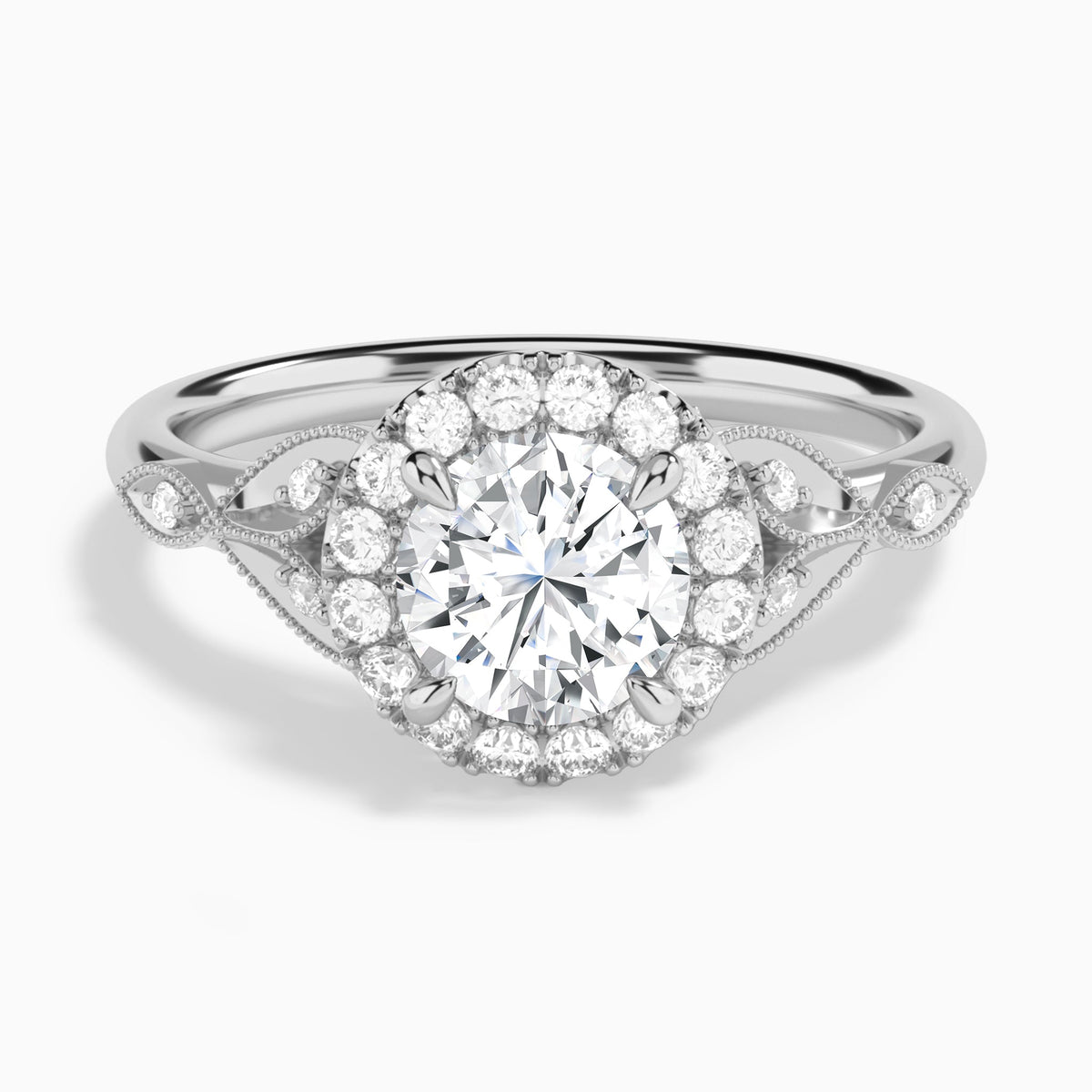 Round Hyacinth Halo Lab Grown Diamond Engagement Ring In 14K White Gold - Lucenjuri