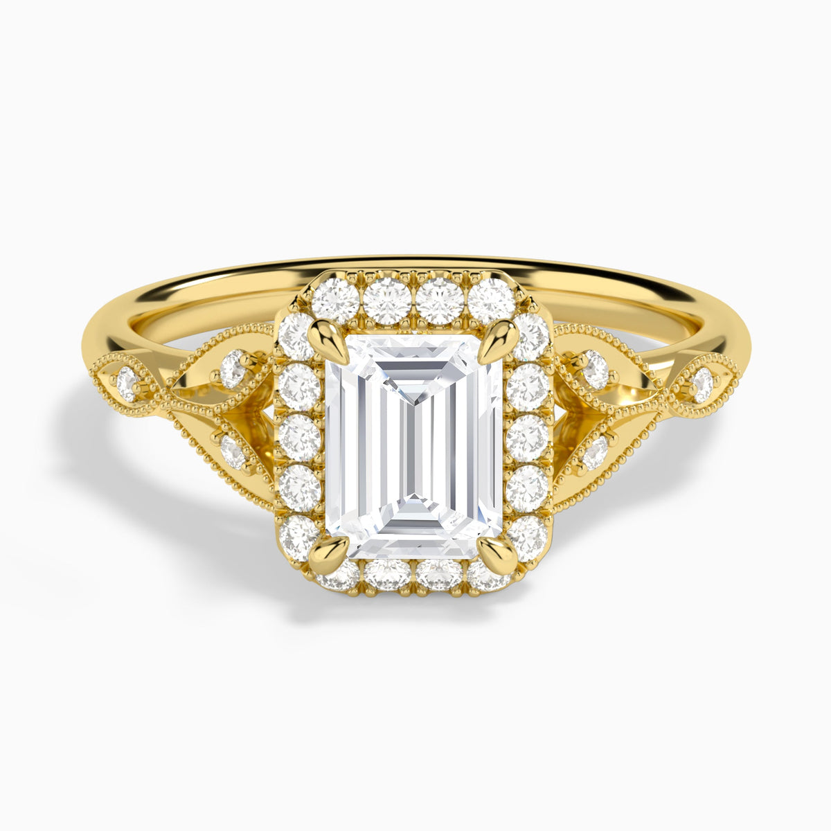 Emerald Hyacinth Halo Lab Diamond Engagement Ring In 14K Yellow Gold - Lucenjuri