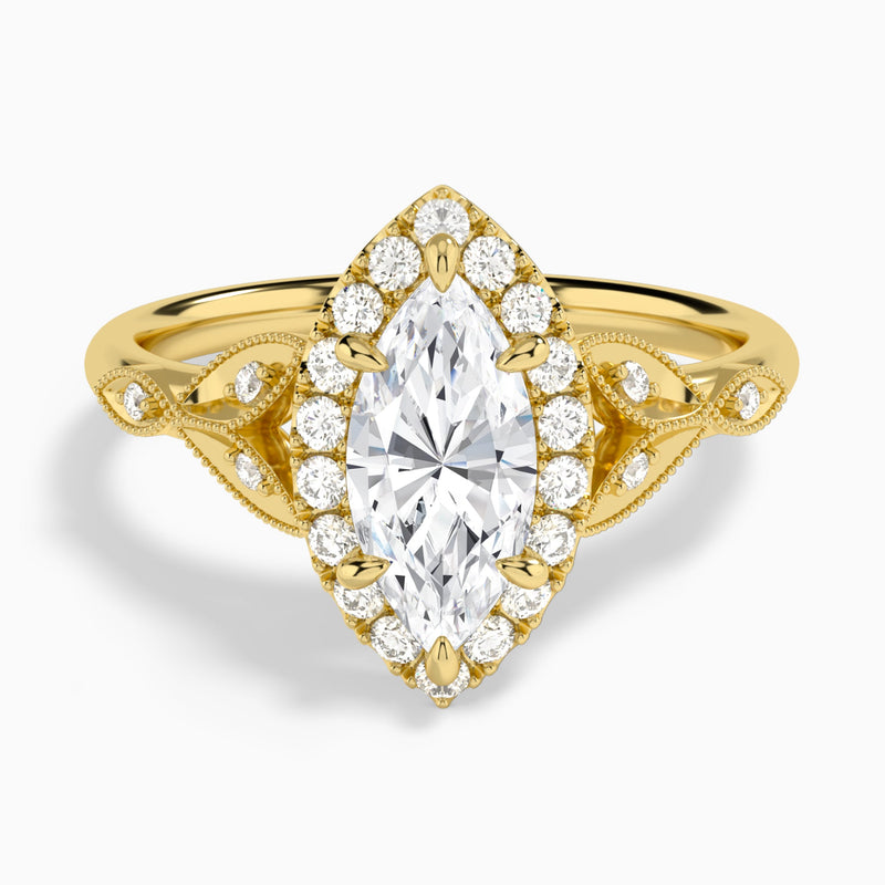 Marquise Hyacinth Halo Lab Diamond Engagement Ring In 14K Yellow Gold - Lucenjuri