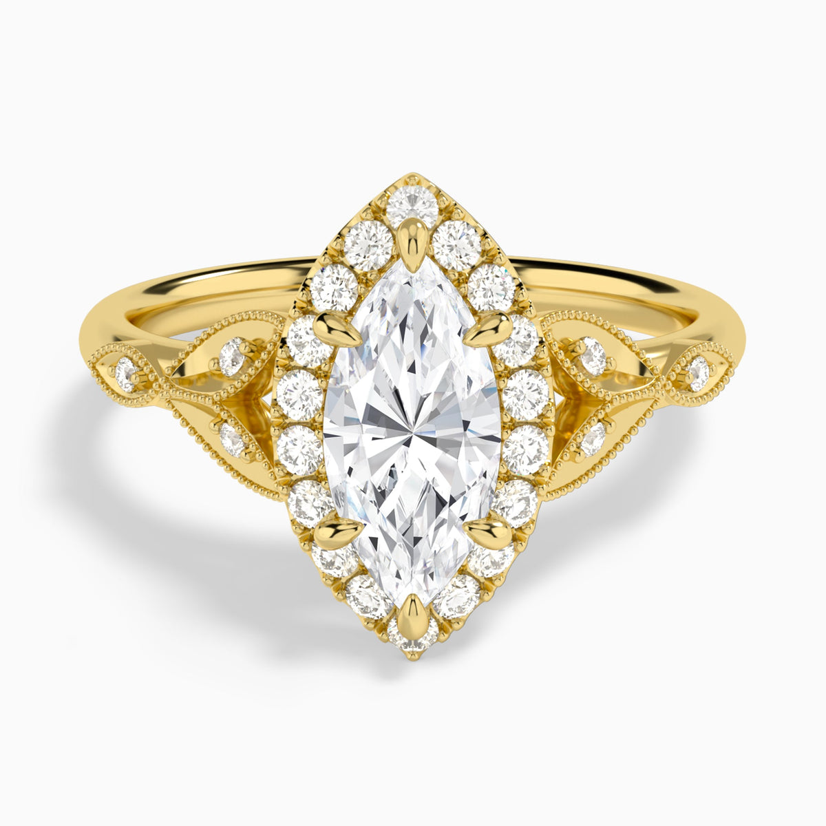 Marquise Hyacinth Halo Lab Diamond Engagement Ring In 14K Yellow Gold - Lucenjuri