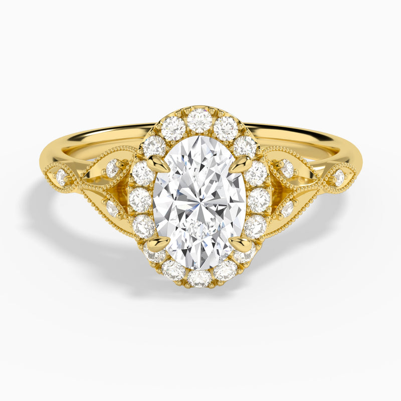 Oval Hyacinth Halo Lab Diamond Engagement Ring In 14K Yellow Gold - Lucenjuri