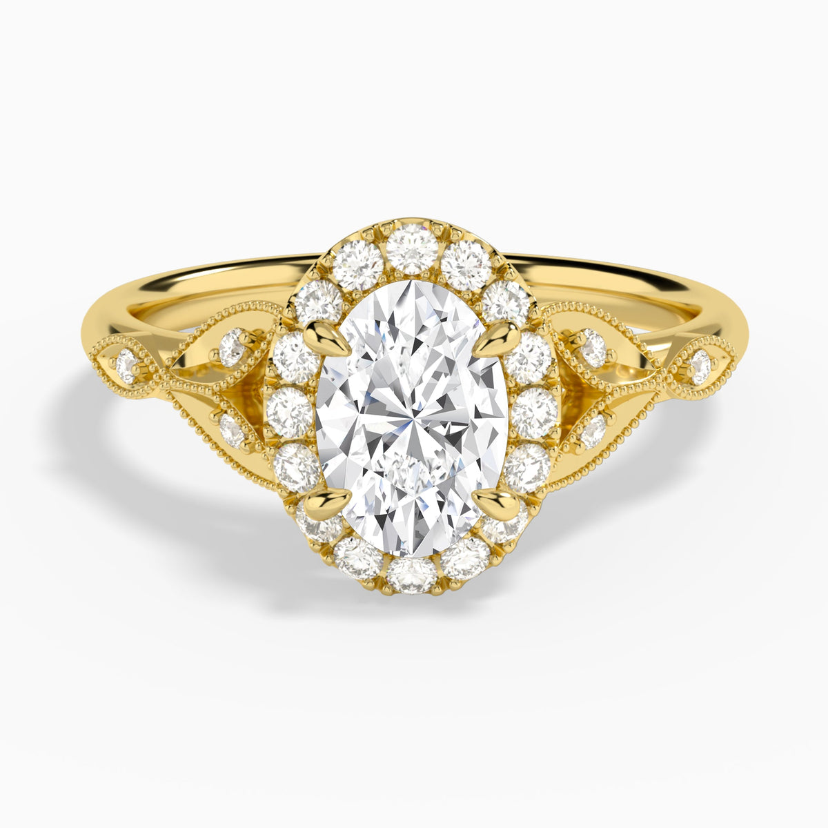 Oval Hyacinth Halo Lab Diamond Engagement Ring In 14K Yellow Gold - Lucenjuri