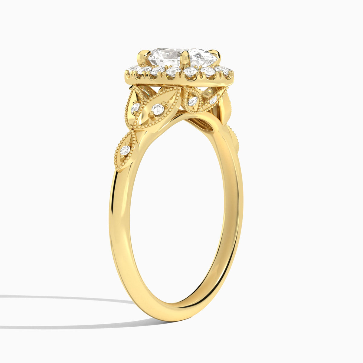 Oval Hyacinth Halo Lab Diamond Engagement Ring In 18K Yellow Gold, Angle View