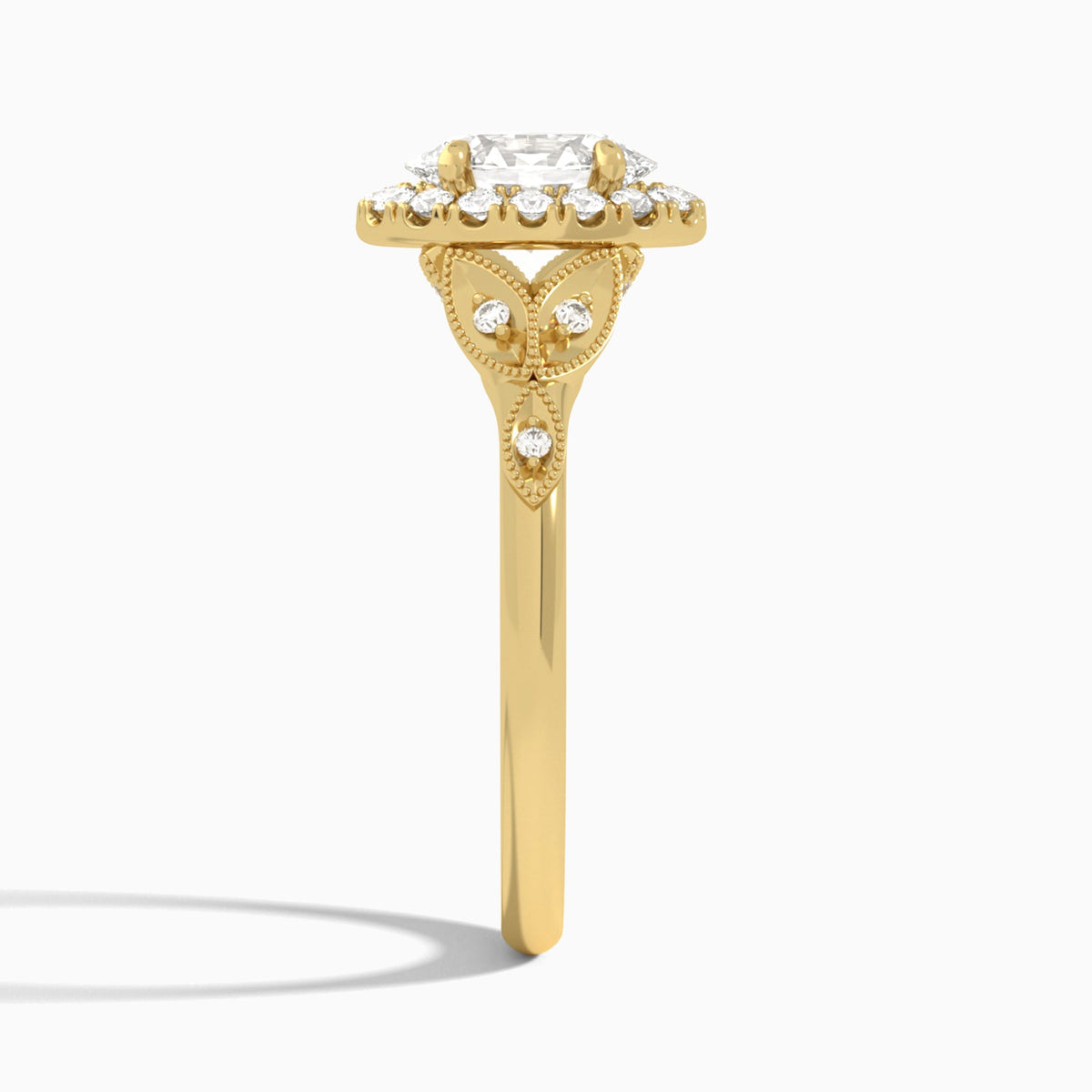 Oval Hyacinth Halo Lab Diamond Engagement Ring In 18K Yellow Gold, Side View