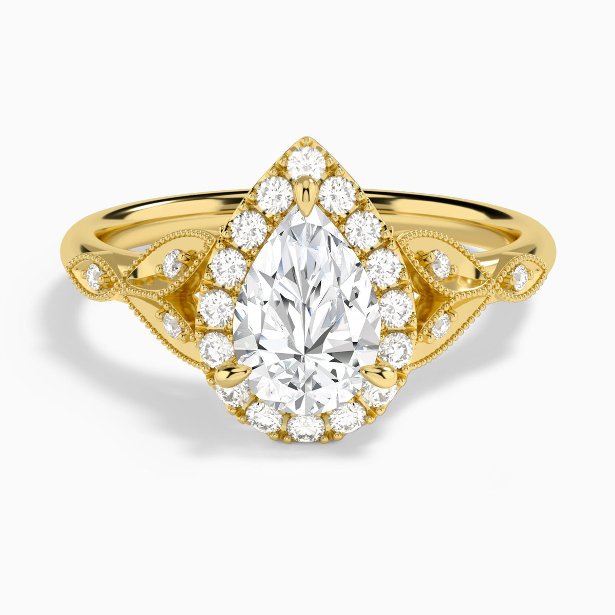 Pear Hyacinth Halo Lab Diamond Engagement Ring In 18K Yellow Gold - Lucenjuri