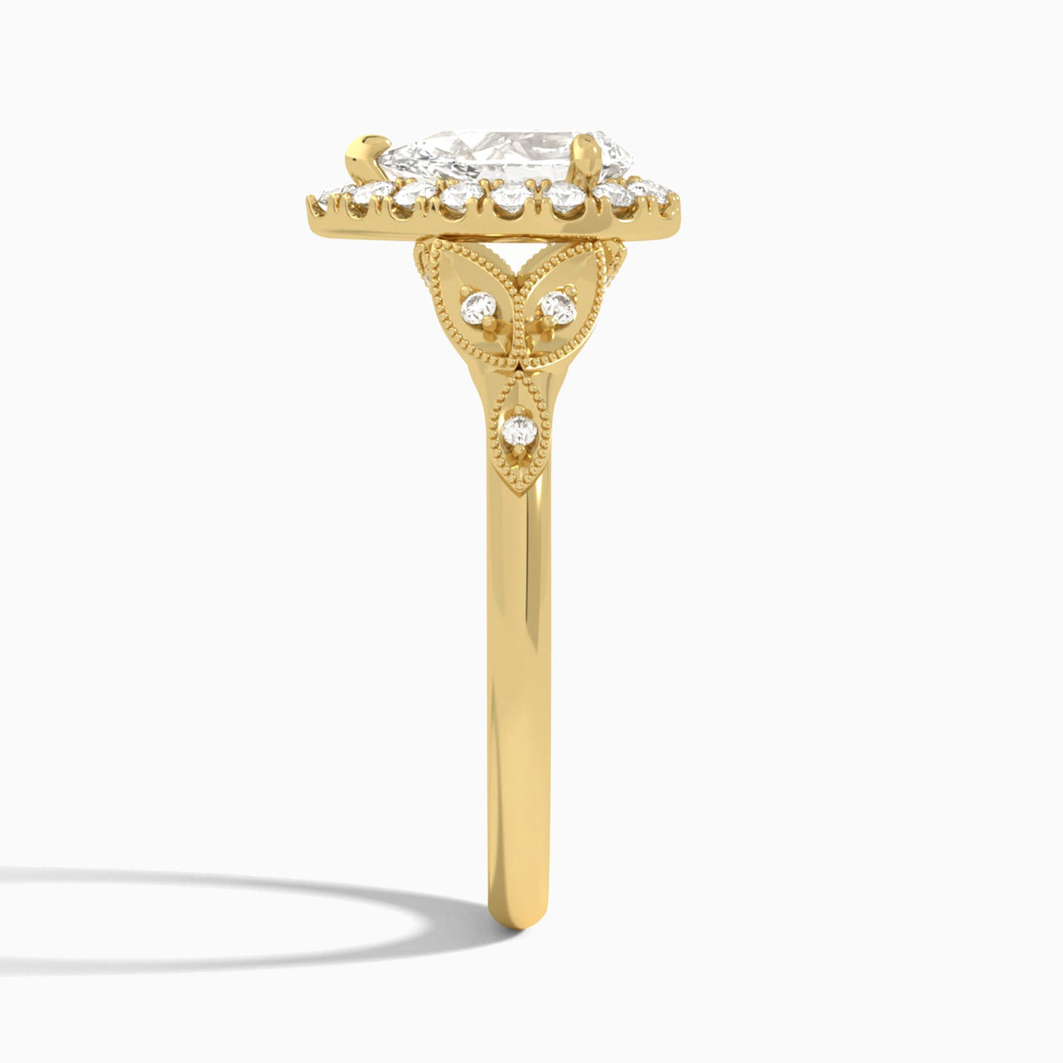 Pear Hyacinth Halo Lab Diamond Engagement Ring In 18K Yellow Gold, Side View