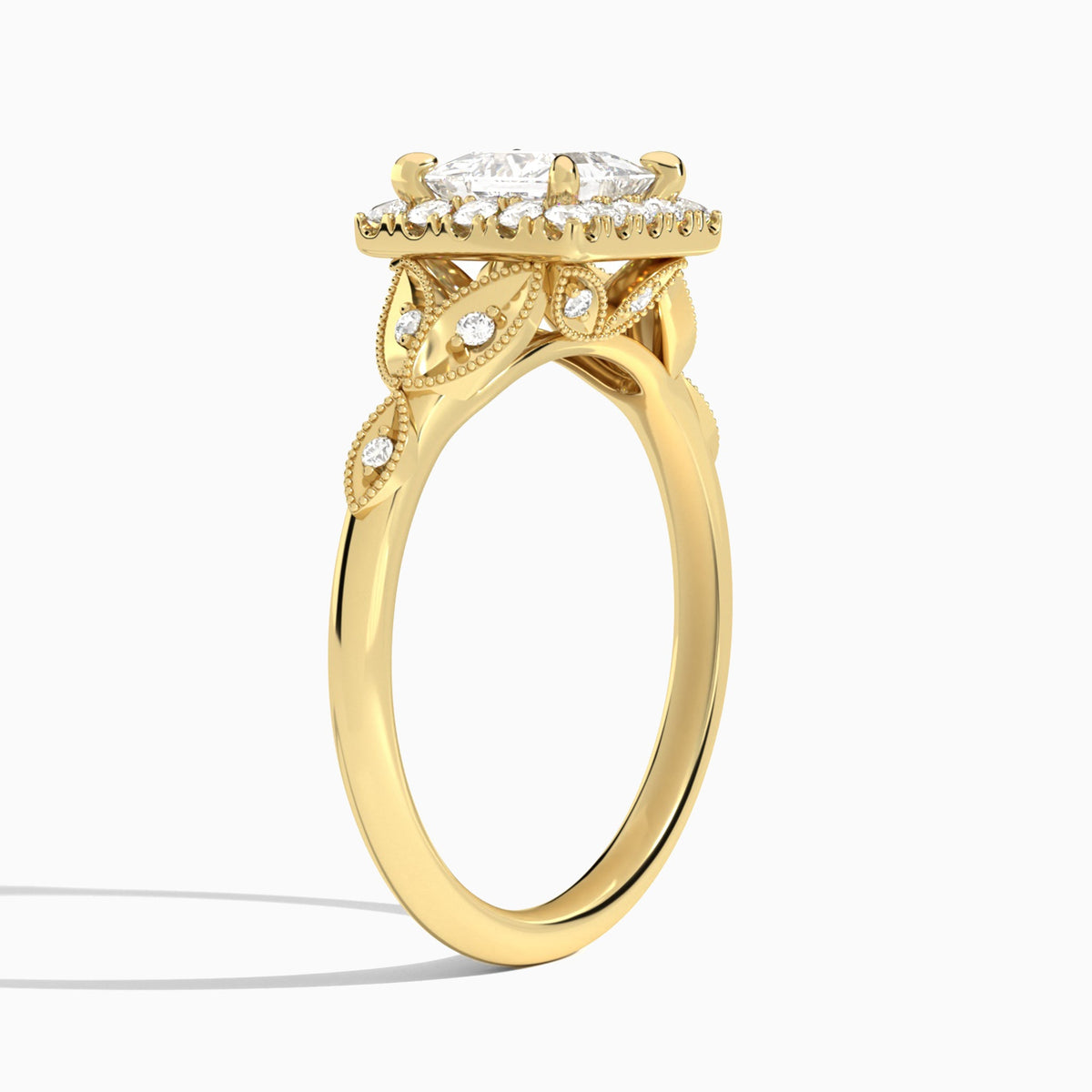 Princess Hyacinth Halo Lab Diamond Engagement Ring In 14K Yellow Gold, Angle View