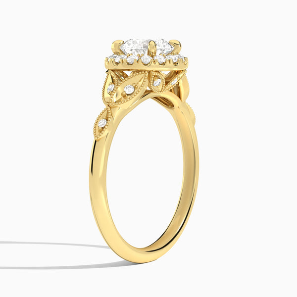Round Hyacinth Halo Lab Diamond Engagement Ring In 14K Yellow Gold, Angle View