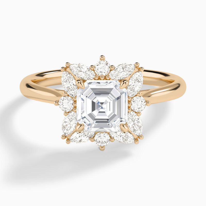 Asscher Marquise Cluster Halo Lab Diamond Engagement Ring In 14K Rose Gold - Lucenjuri