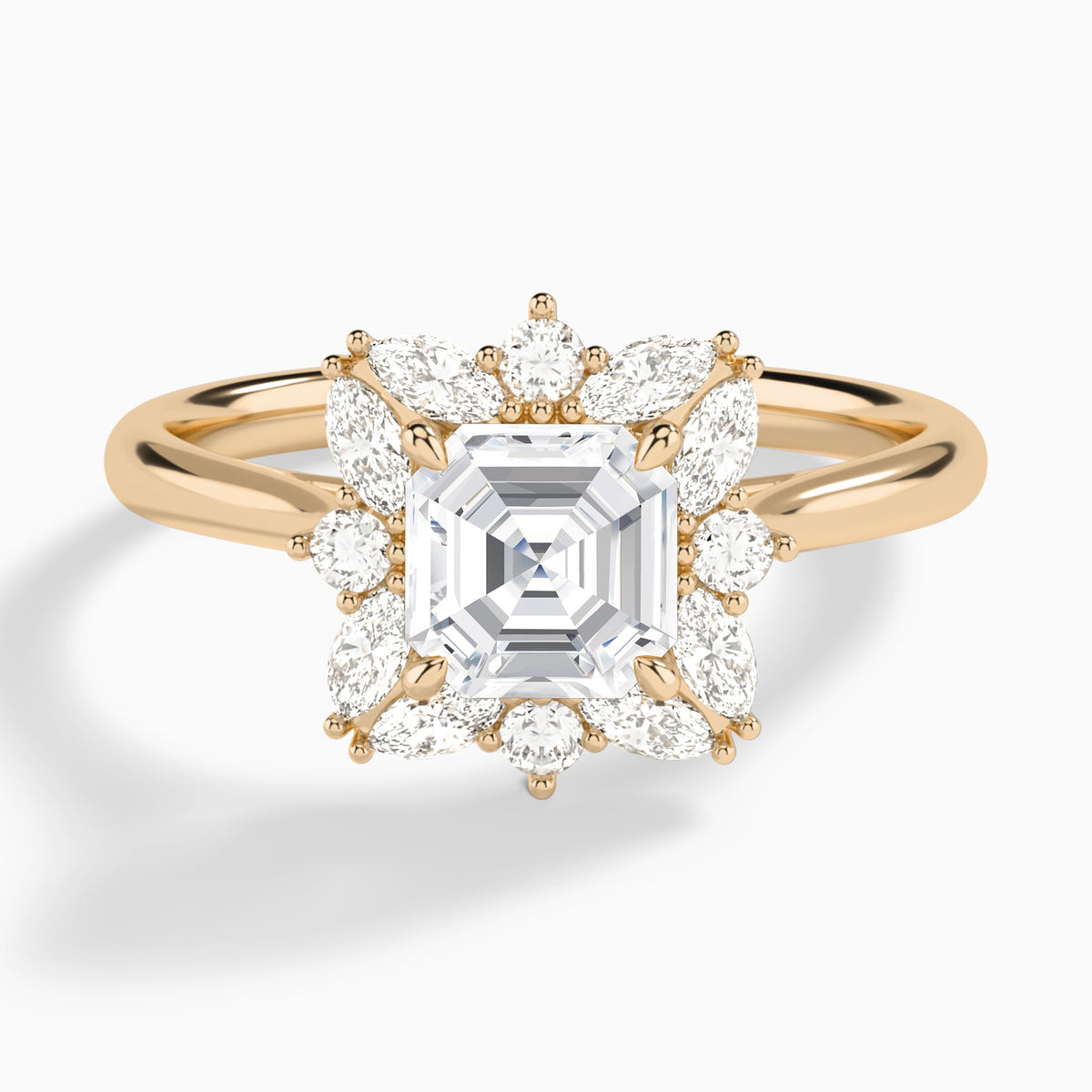 Asscher Marquise Cluster Halo Lab Diamond Engagement Ring In 14K Rose Gold - Lucenjuri
