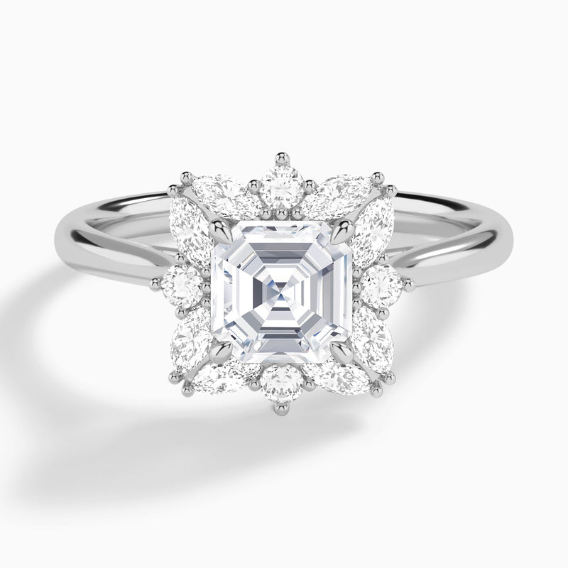 Asscher Marquise Cluster Halo Lab Diamond Engagement Ring In 18K White Gold - Lucenjuri