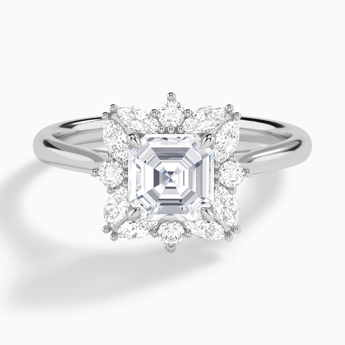 Asscher Marquise Cluster Halo Lab Diamond Engagement Ring In 18K White Gold - Lucenjuri