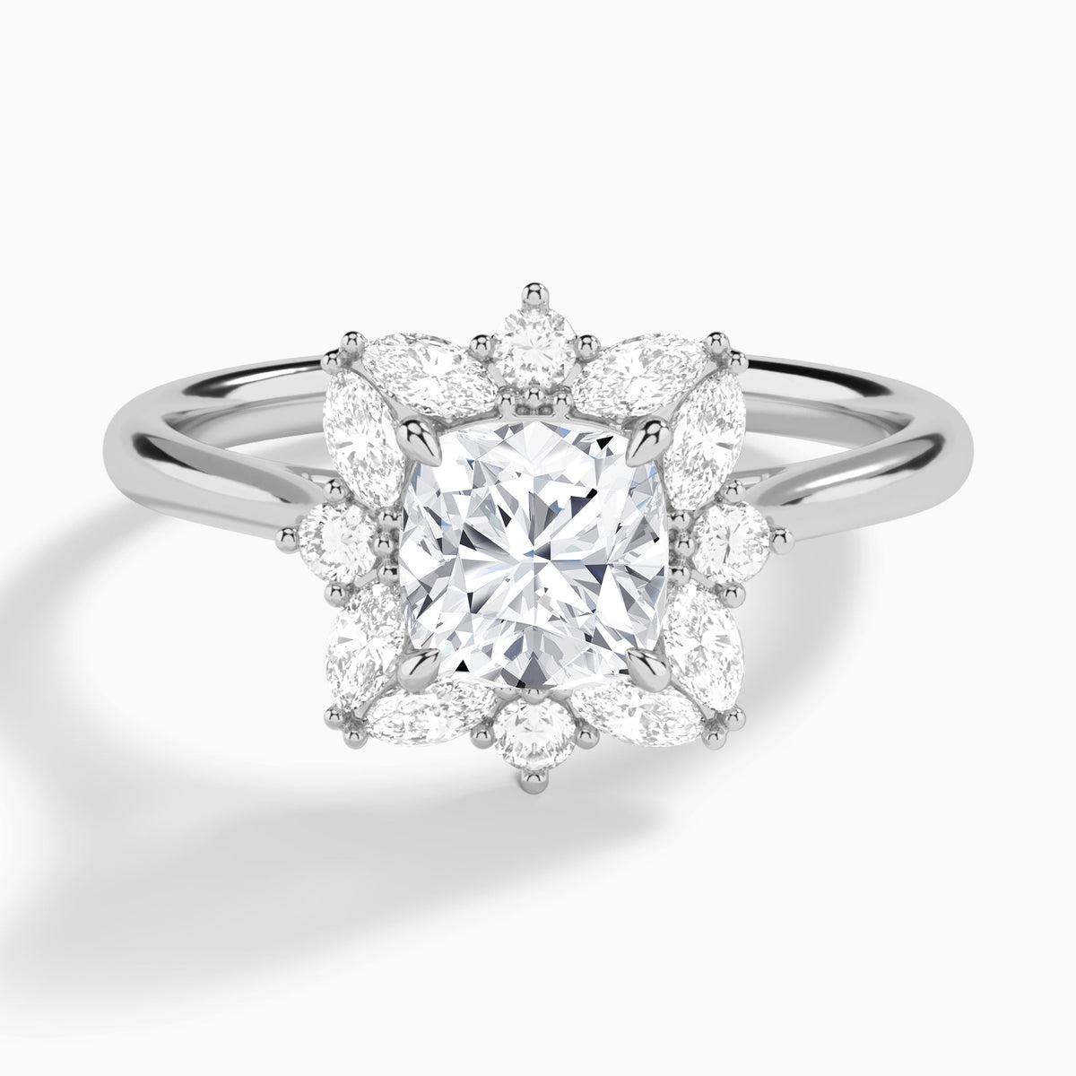 Cushion Marquise Cluster Halo Lab Diamond Engagement Ring In 18K White Gold - Lucenjuri
