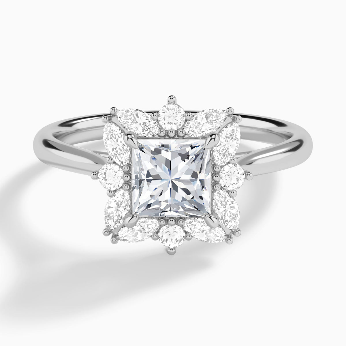 Princess Marquise Cluster Halo Lab Diamond Engagement Ring In 14K White Gold - Lucenjuri