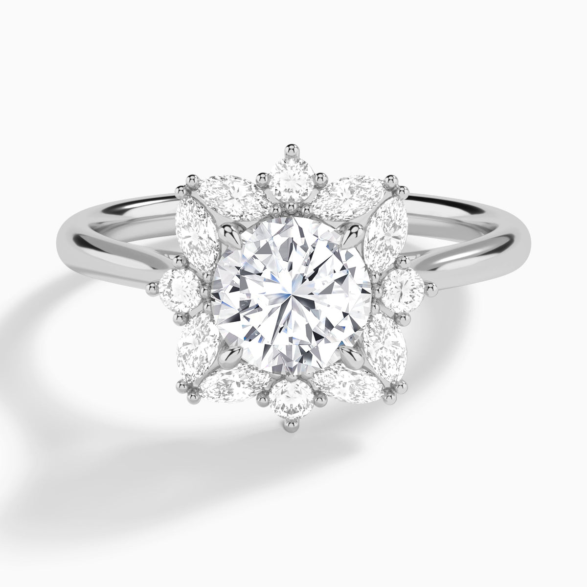 Round Marquise Cluster Halo Lab Diamond Engagement Ring In 18K White Gold - Lucenjuri