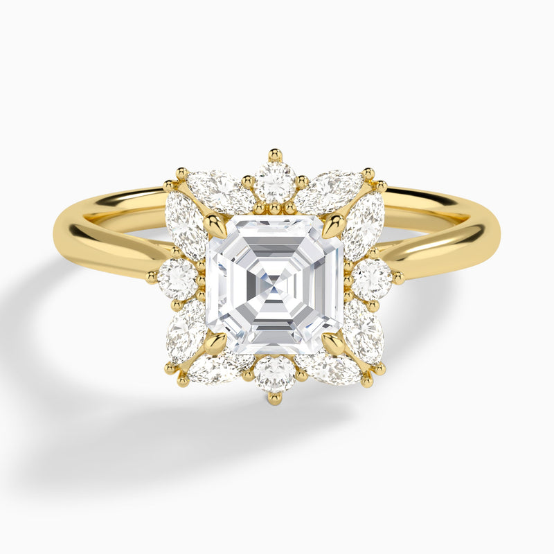 Asscher Marquise Cluster Halo Lab Diamond Engagement Ring In 18K Yellow Gold - Lucenjuri