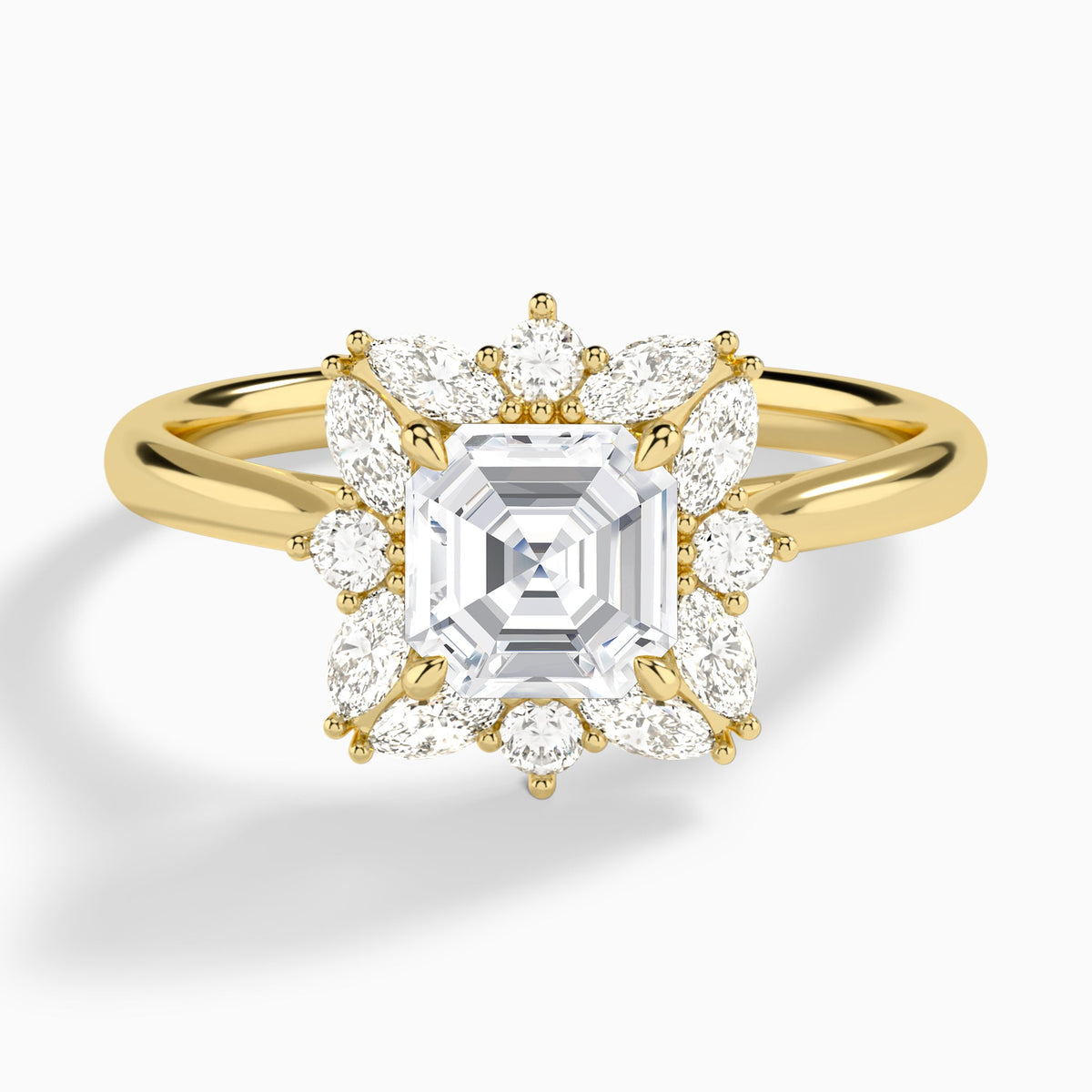 Asscher Marquise Cluster Halo Lab Diamond Engagement Ring In 18K Yellow Gold - Lucenjuri