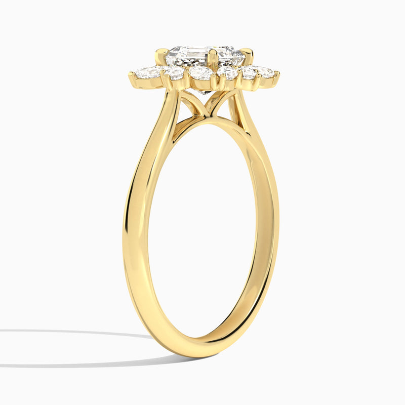 Asscher Marquise Cluster Halo Lab Diamond Engagement Ring In 18K Yellow Gold, Angle View