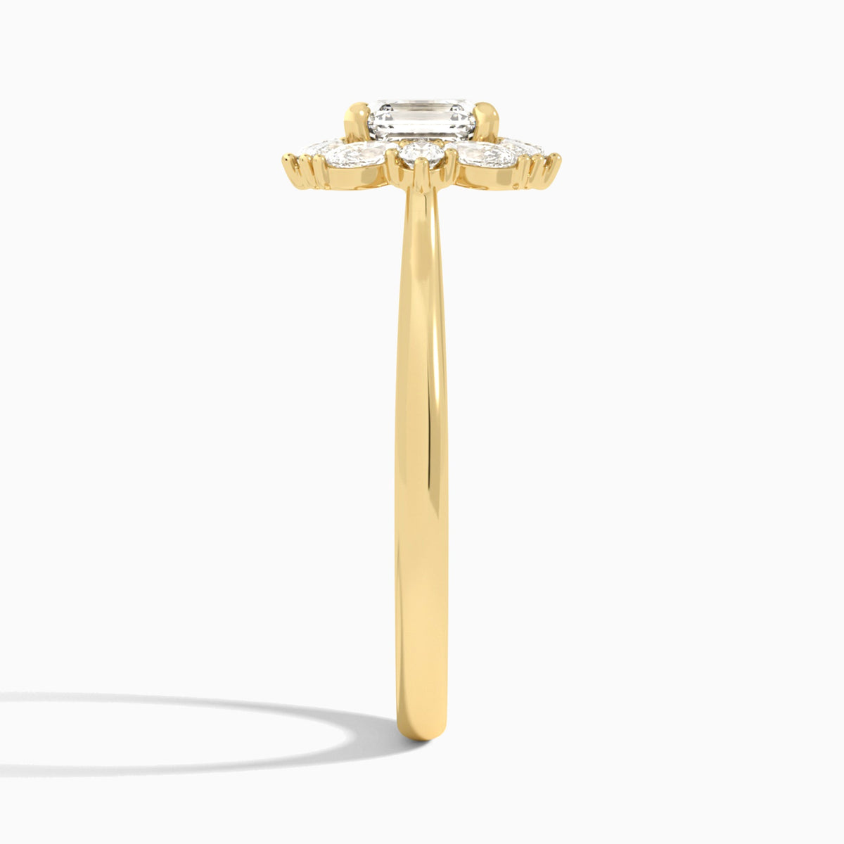 Asscher Marquise Cluster Halo Lab Diamond Engagement Ring In 18K Yellow Gold, Side View