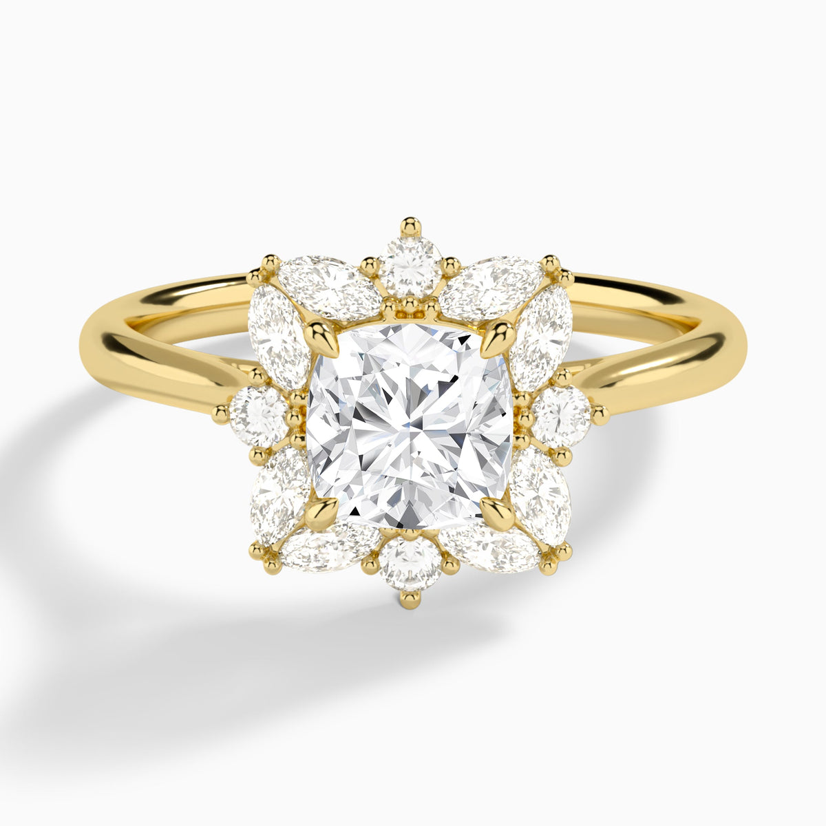 Cushion Marquise Cluster Halo Lab Diamond Engagement Ring In 14K Yellow Gold - Lucenjuri