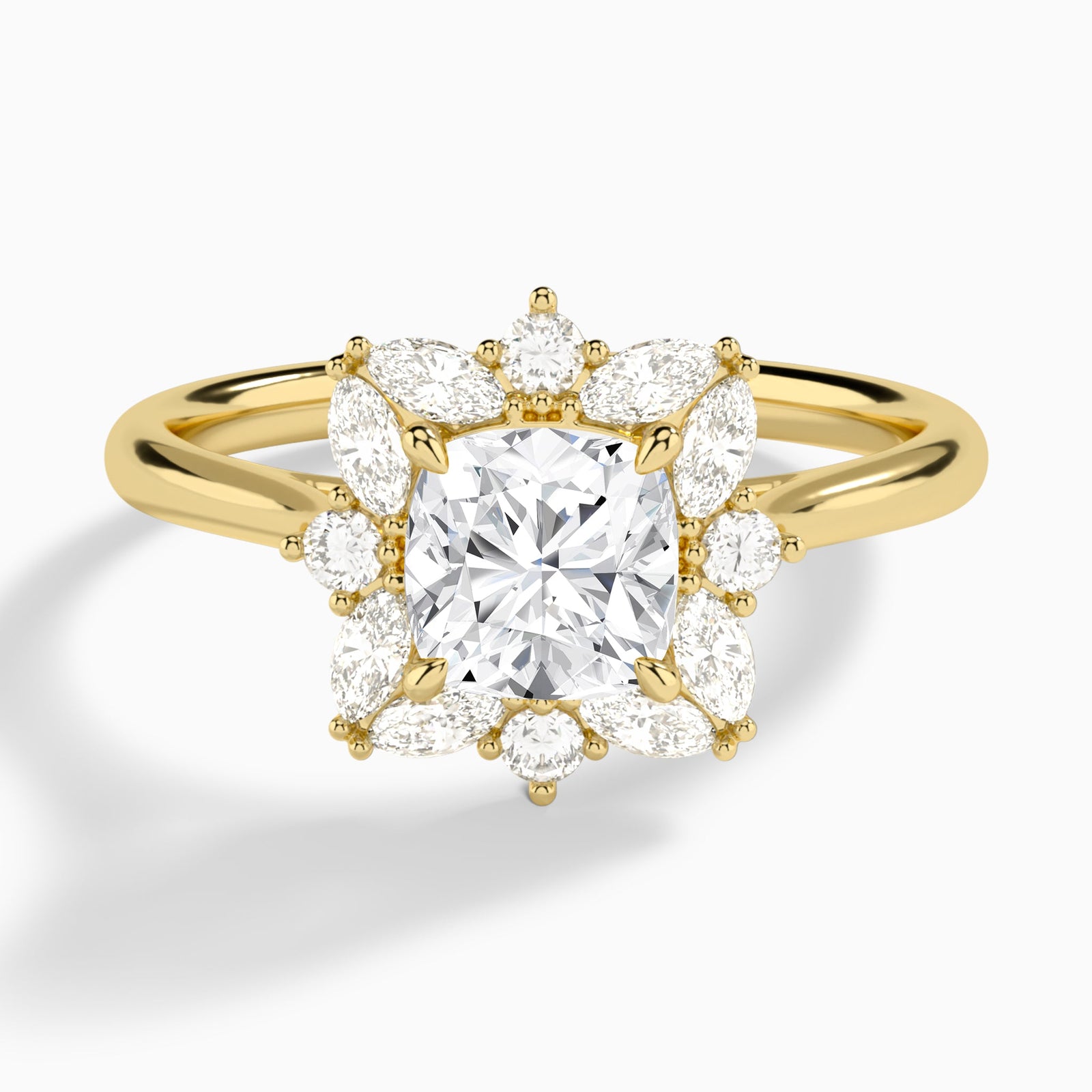 Cushion Marquise Cluster Halo Lab Diamond Engagement Ring In 14K Yellow Gold - Lucenjuri