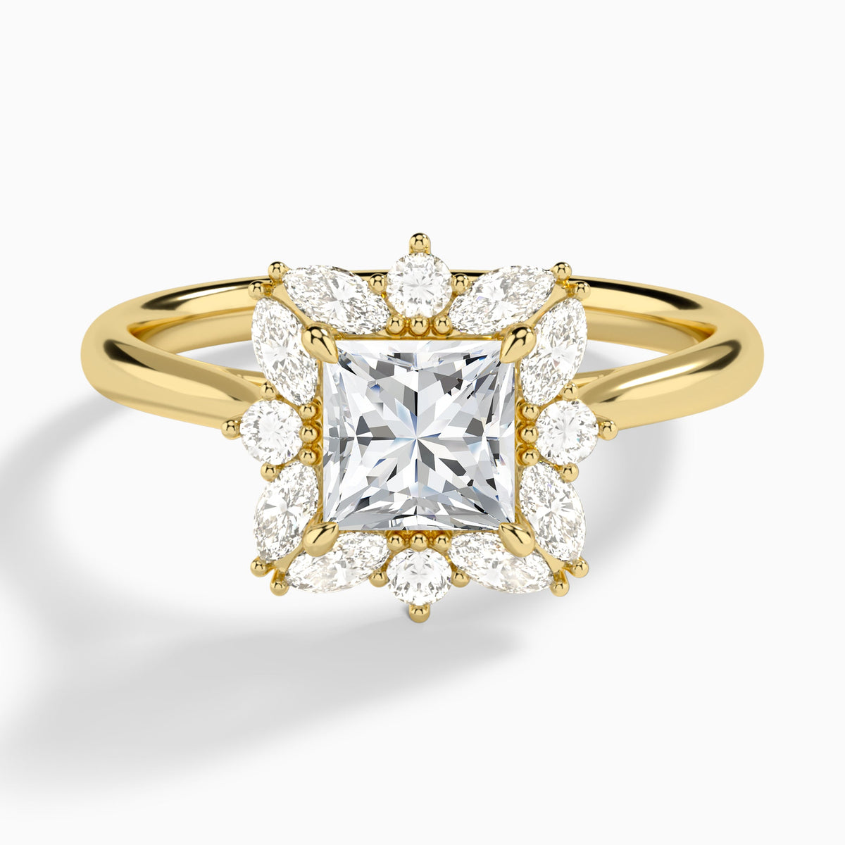 Princess Marquise Cluster Halo Lab Diamond Engagement Ring In 14K Yellow Gold - Lucenjuri