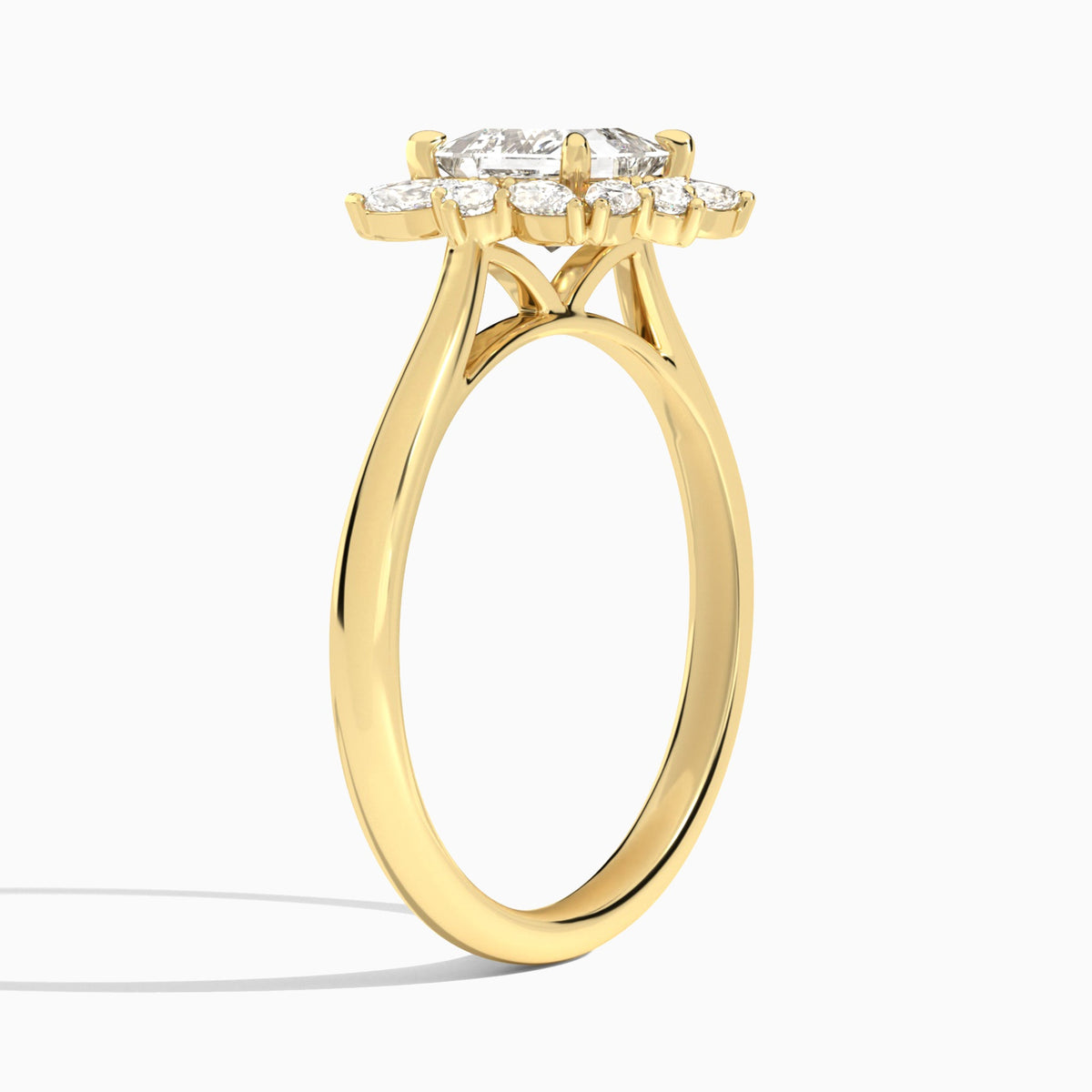 Princess Marquise Cluster Halo Lab Diamond Engagement Ring In 14K Yellow Gold, Angle View