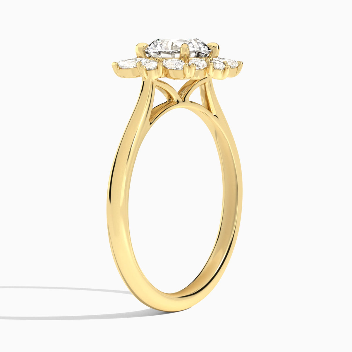 Round Marquise Cluster Halo Lab Diamond Engagement Ring In 18K Yellow Gold, Angle View