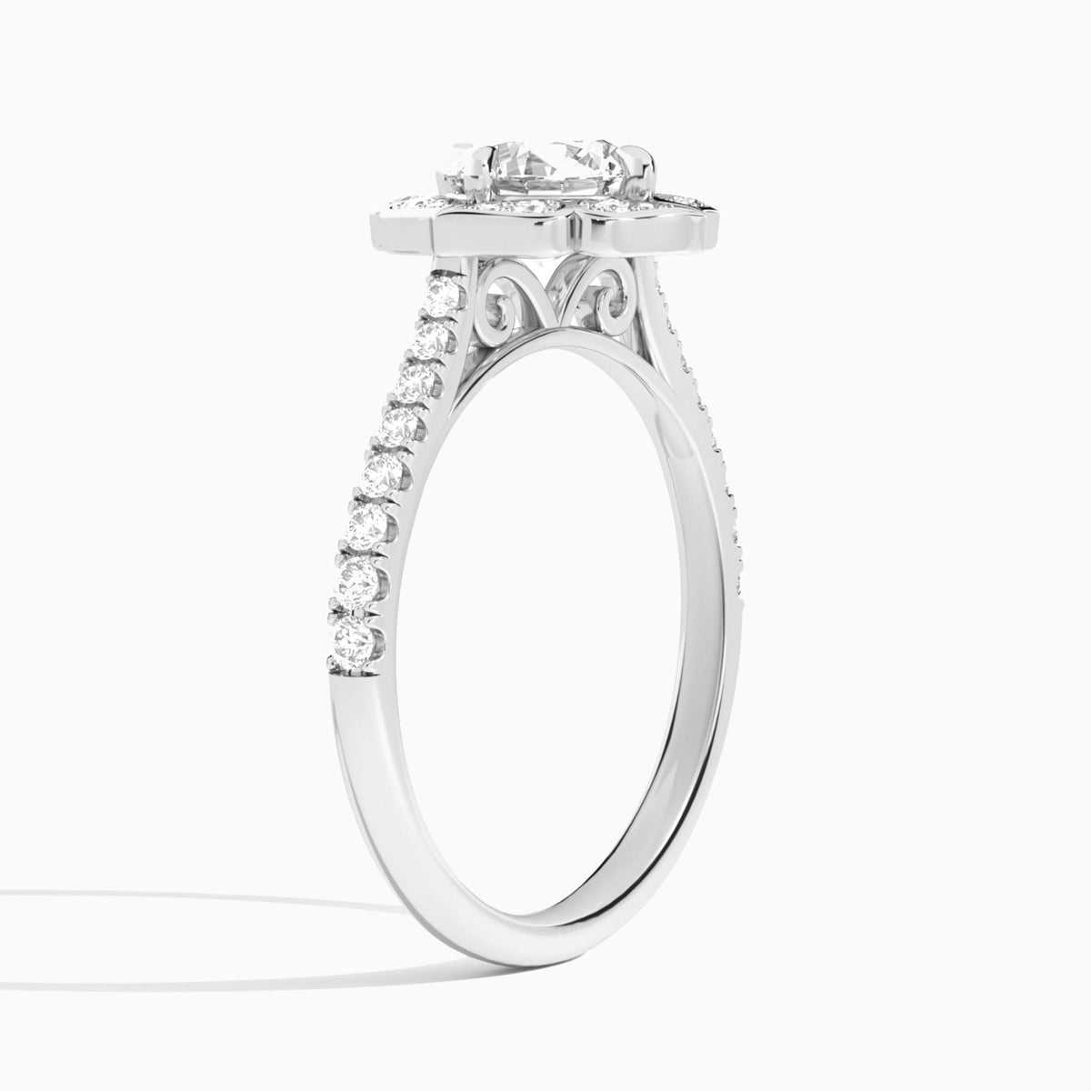 Round Decorated Halo Lab Grown Diamond Engagement Ring In Platinum, Angle View