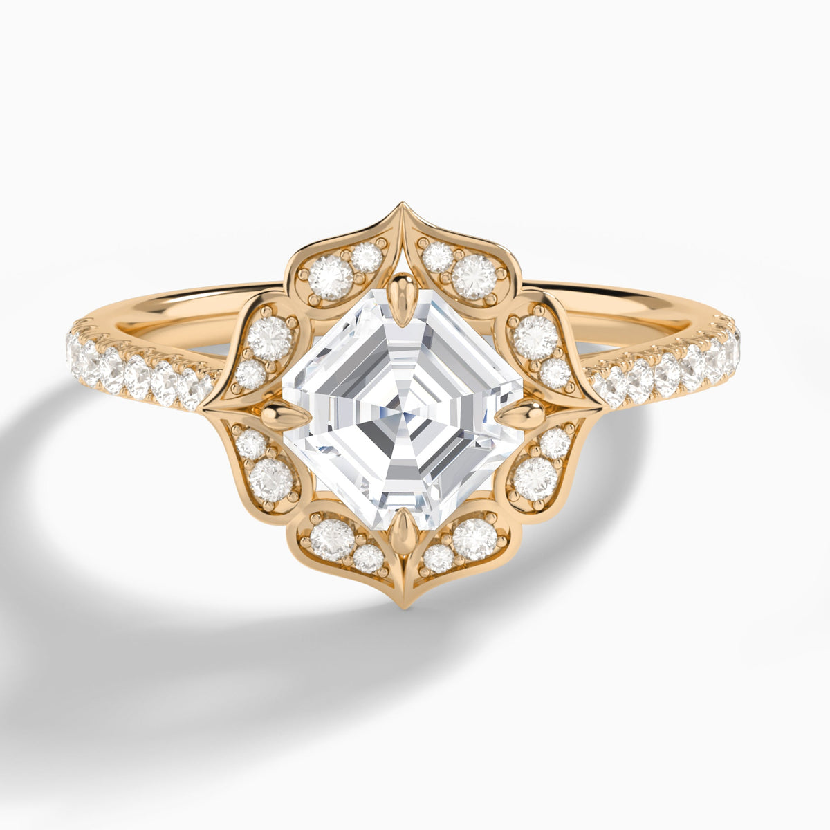 Asscher Decorated Halo Lab Grown Diamond Engagement Ring In 14K Rose Gold - Lucenjuri