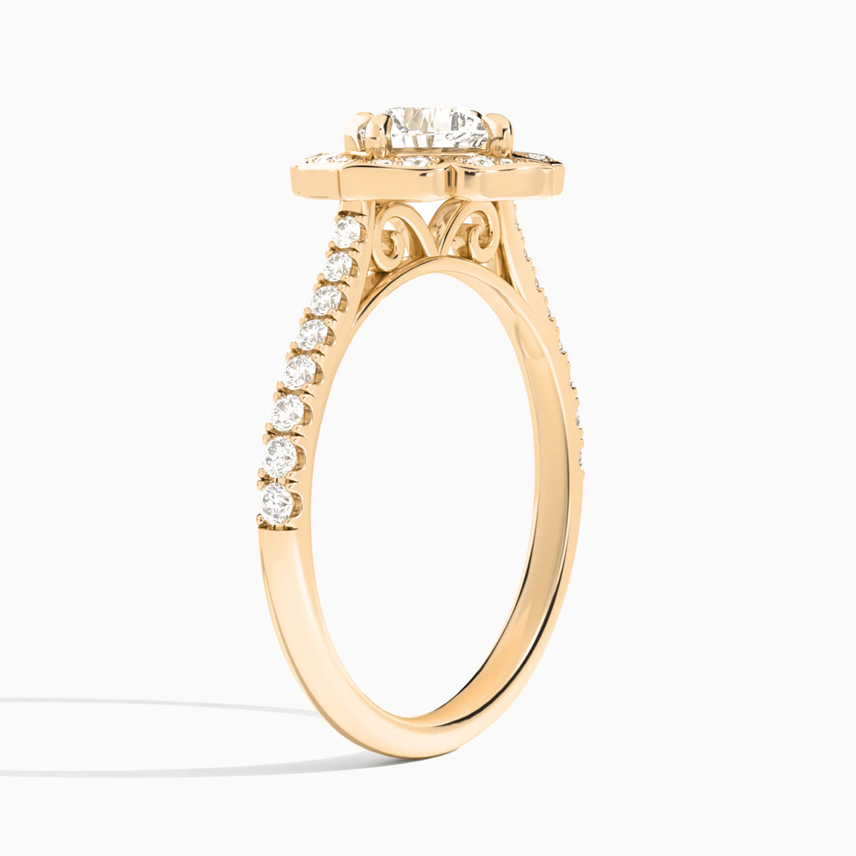 Cushion Decorated Halo Lab Grown Diamond Engagement Ring In 14K Rose Gold, Angle View