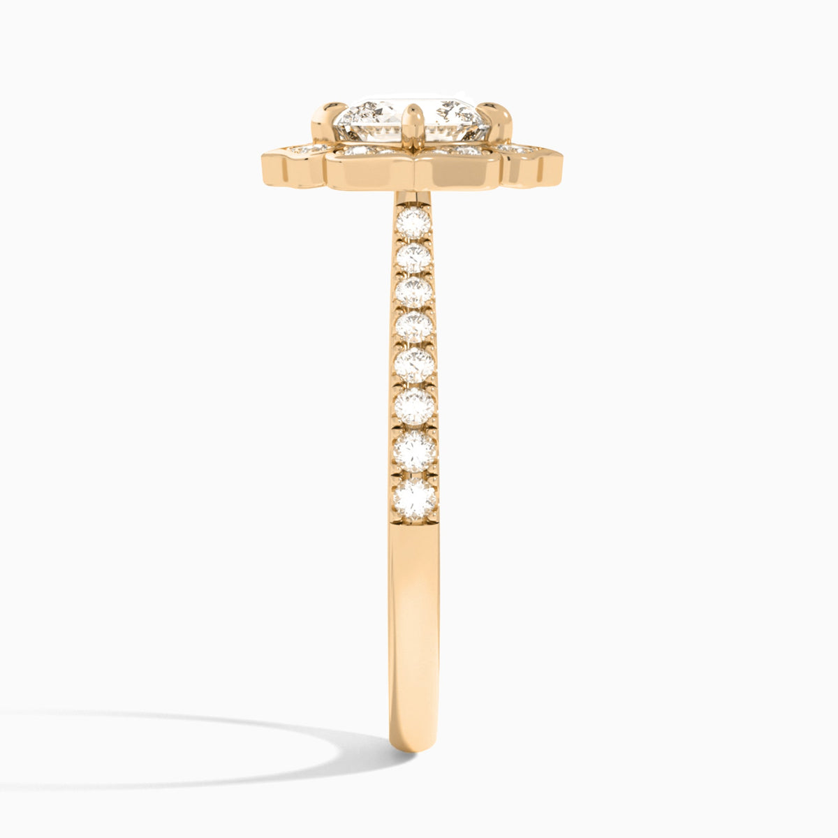 Cushion Decorated Halo Lab Grown Diamond Engagement Ring In 14K Rose Gold, Side View