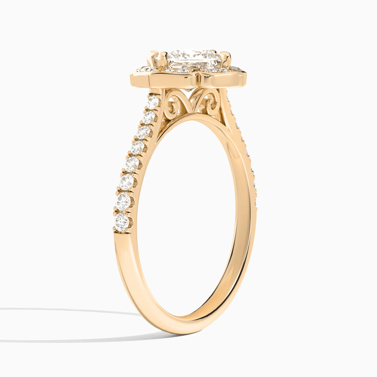 Princess Decorated Halo Lab Grown Diamond Engagement Ring In 14K Rose Gold, Angle View