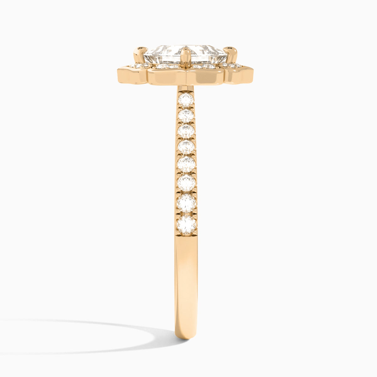 Princess Decorated Halo Lab Grown Diamond Engagement Ring In 14K Rose Gold, Side View