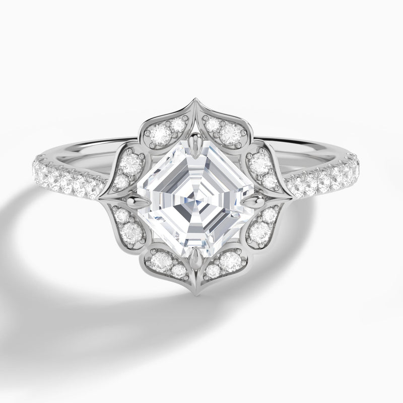 Asscher Decorated Halo Lab Diamond Engagement Ring In 14K White Gold - Lucenjuri
