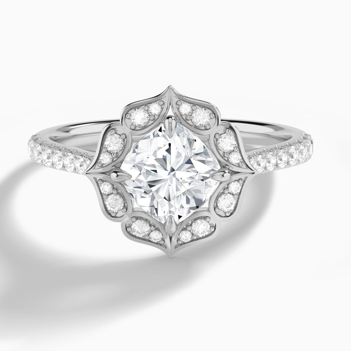 Cushion Decorated Halo Lab Diamond Engagement Ring In 14K White Gold - Lucenjuri