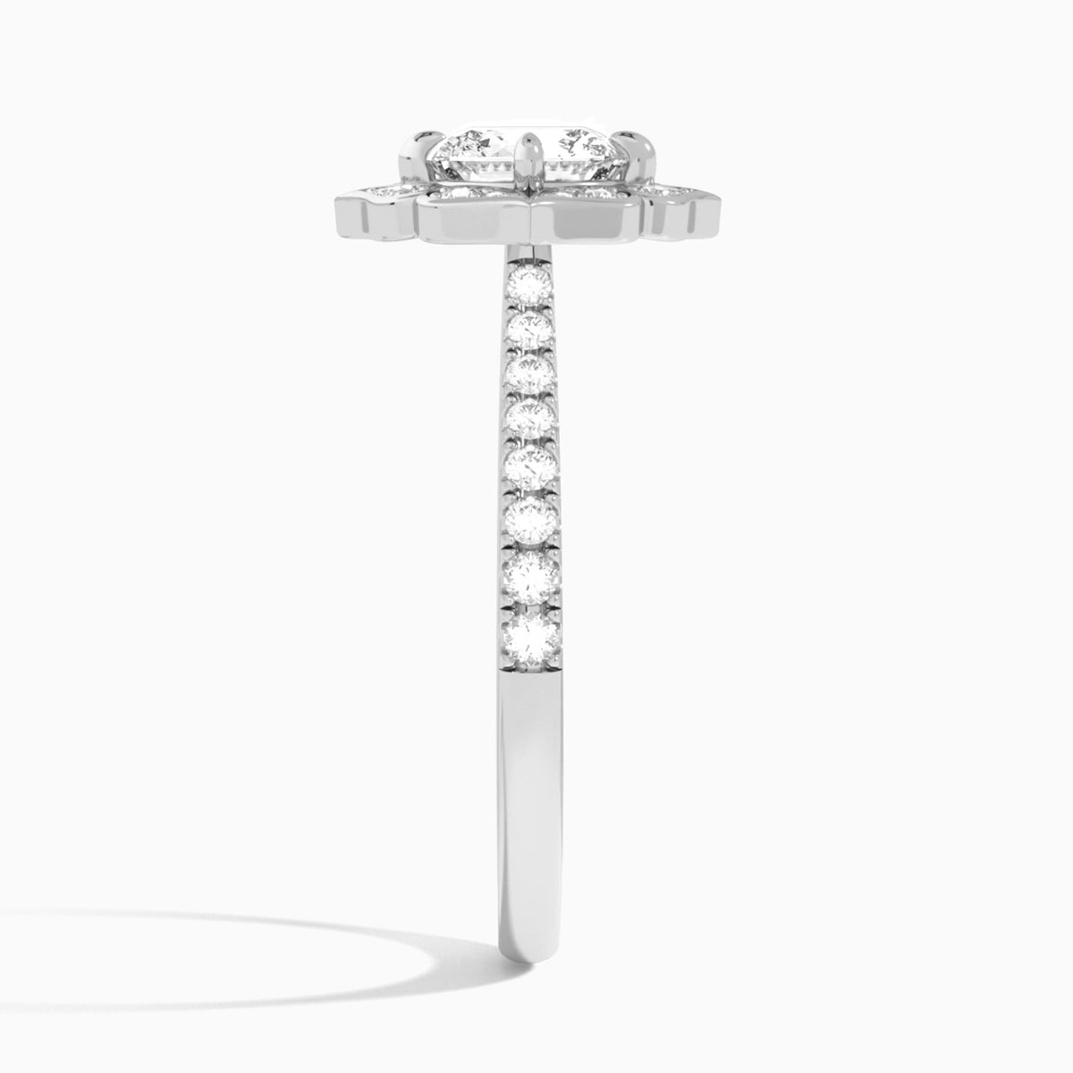 Cushion Decorated Halo Lab Diamond Engagement Ring In 18K White Gold, Side View