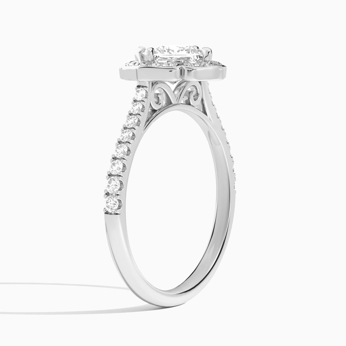 Princess Decorated Halo Lab Diamond Engagement Ring In 14K White Gold, Angle View