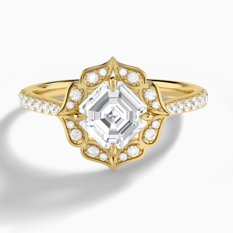 Asscher Decorated Halo Lab Diamond Engagement Ring In 14K Yellow Gold - Lucenjuri