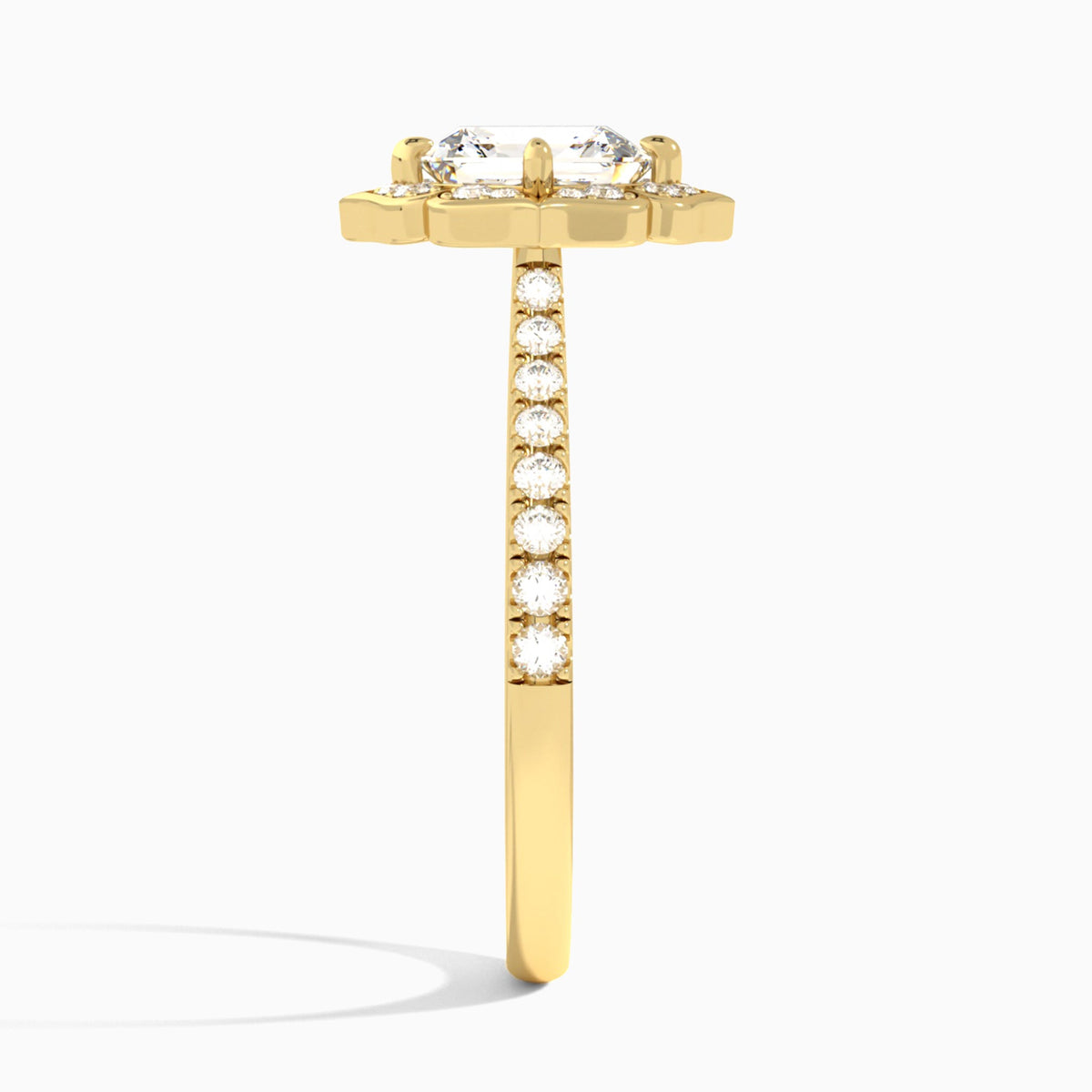 Asscher Decorated Halo Lab Diamond Engagement Ring In 14K Yellow Gold, Side View