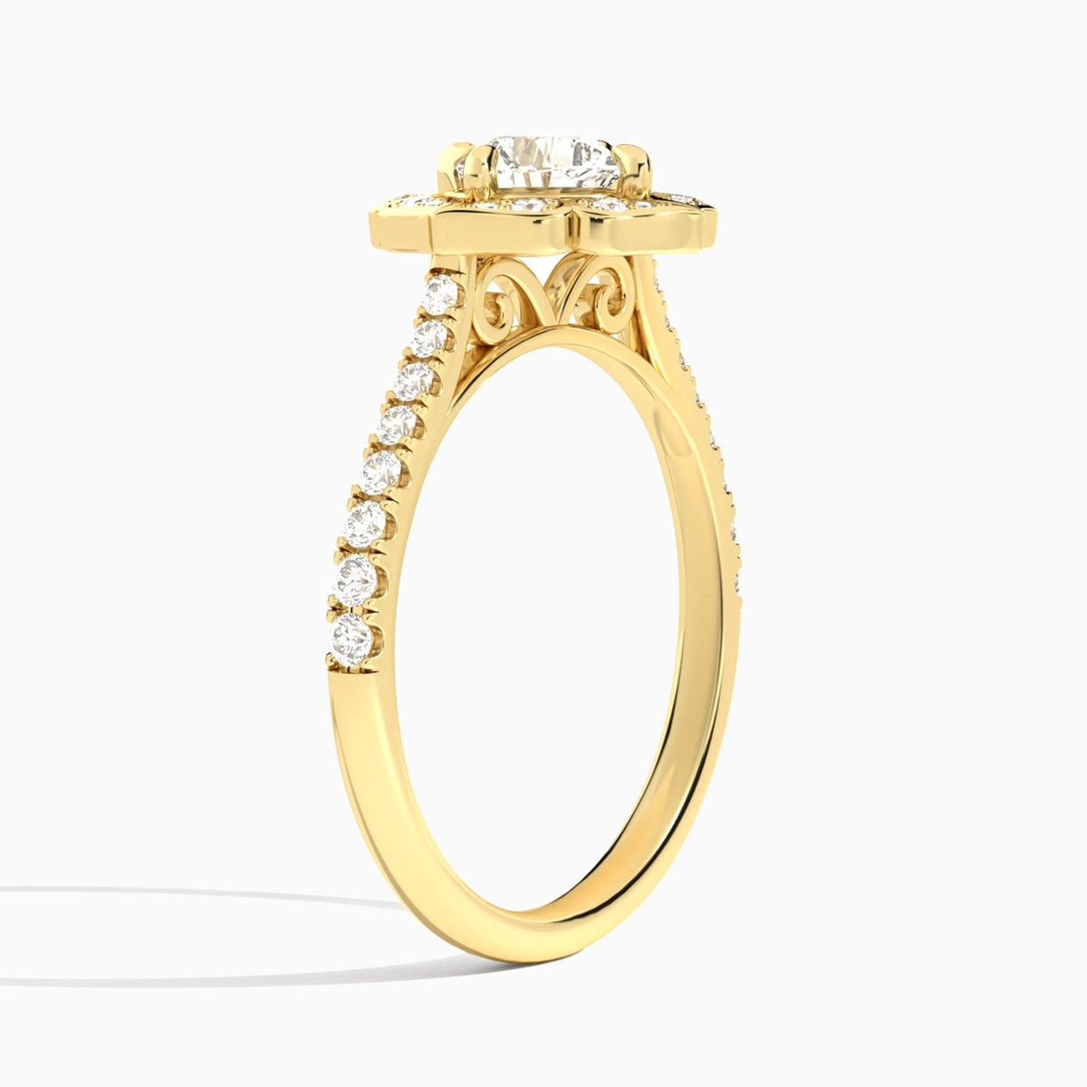 Cushion Decorated Halo Lab Diamond Engagement Ring In 14K Yellow Gold, Angle View