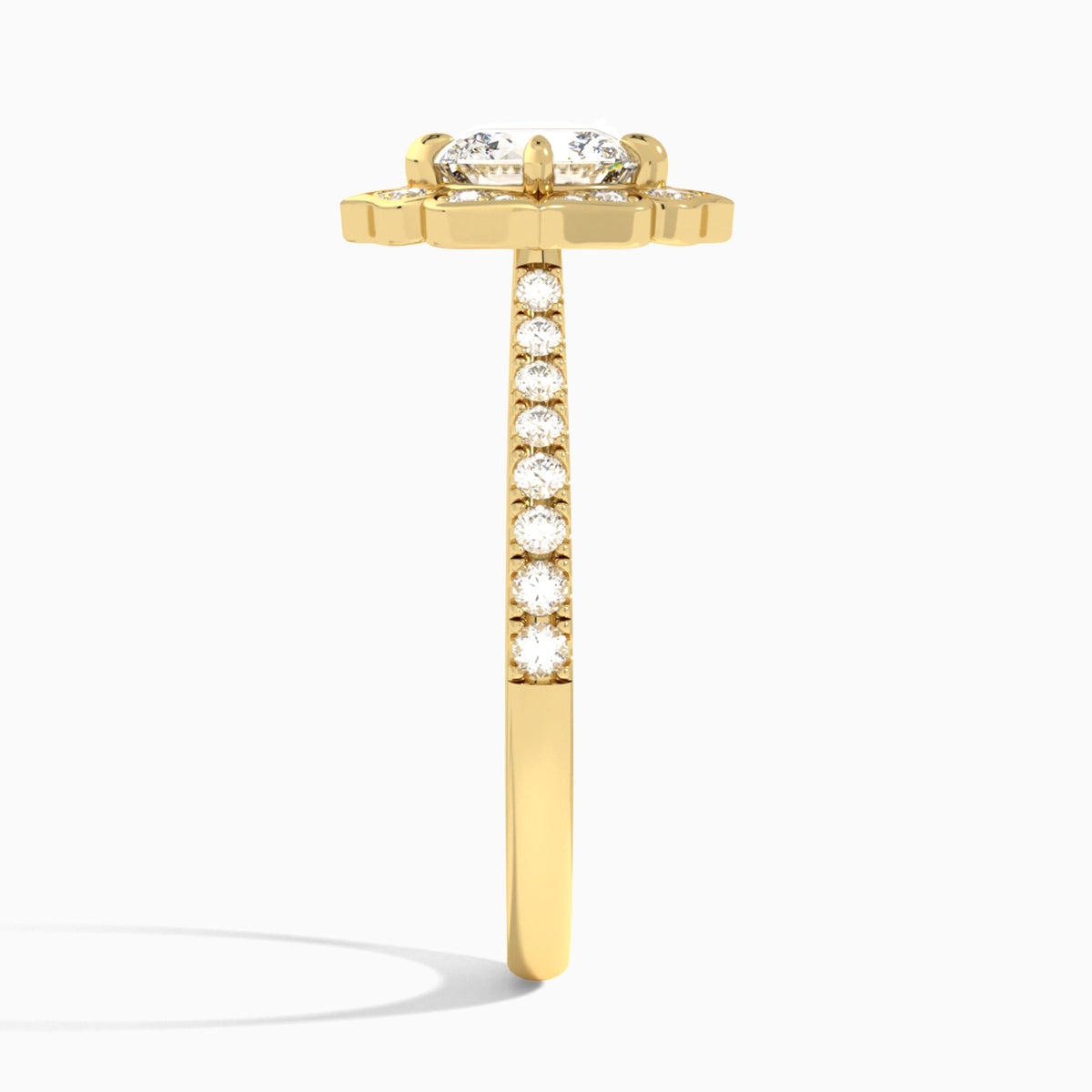 Cushion Decorated Halo Lab Diamond Engagement Ring In 14K Yellow Gold, Side View