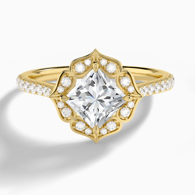 Princess Decorated Halo Lab Diamond Engagement Ring In 14K Yellow Gold - Lucenjuri
