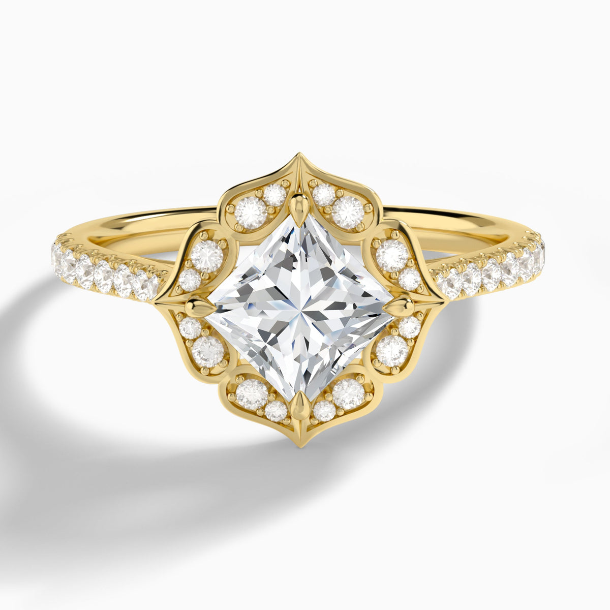 Princess Decorated Halo Lab Diamond Engagement Ring In 14K Yellow Gold - Lucenjuri