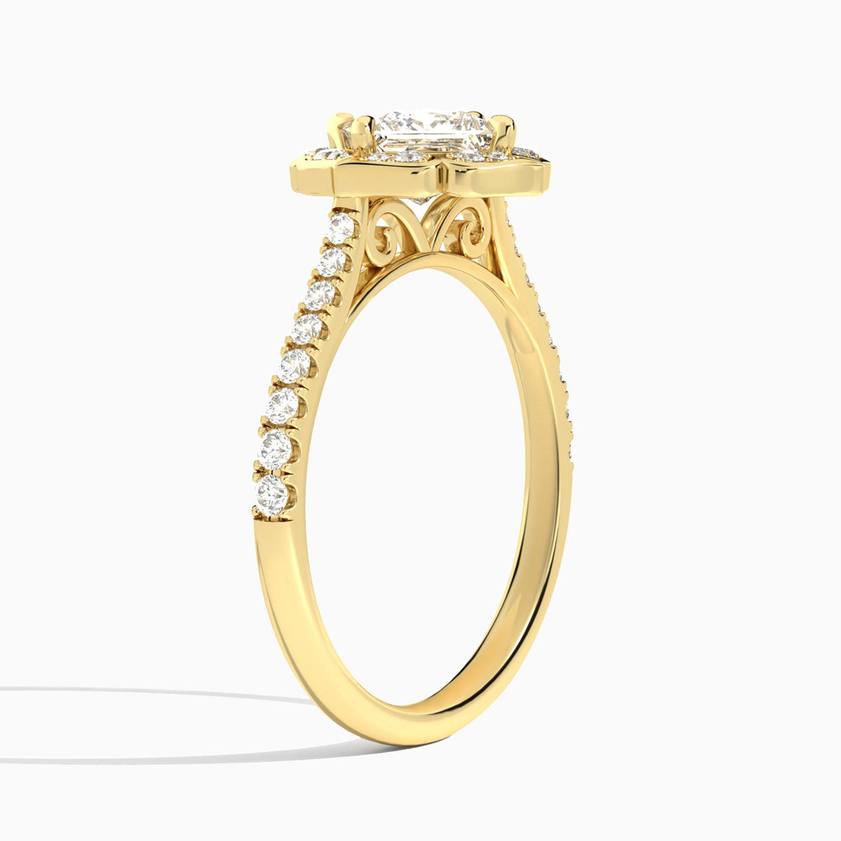 Princess Decorated Halo Lab Diamond Engagement Ring In 18K Yellow Gold, Angle View