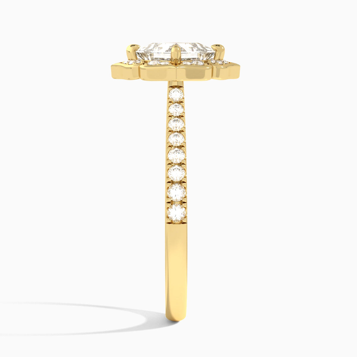 Princess Decorated Halo Lab Diamond Engagement Ring In 18K Yellow Gold, Side View