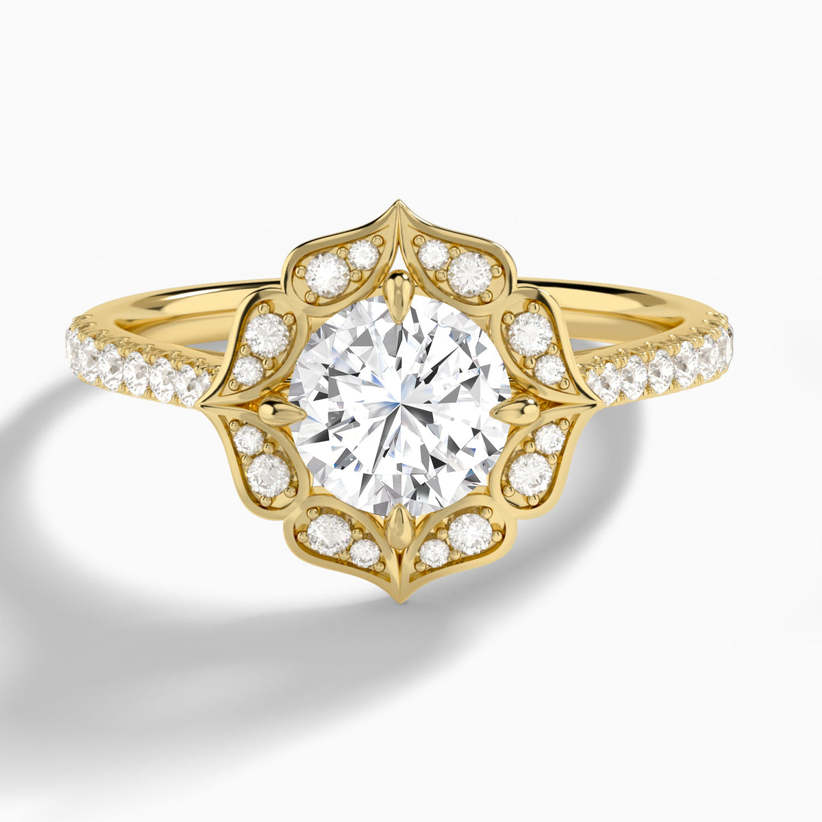 Round Decorated Halo Lab Diamond Engagement Ring In 18K Yellow Gold - Lucenjuri
