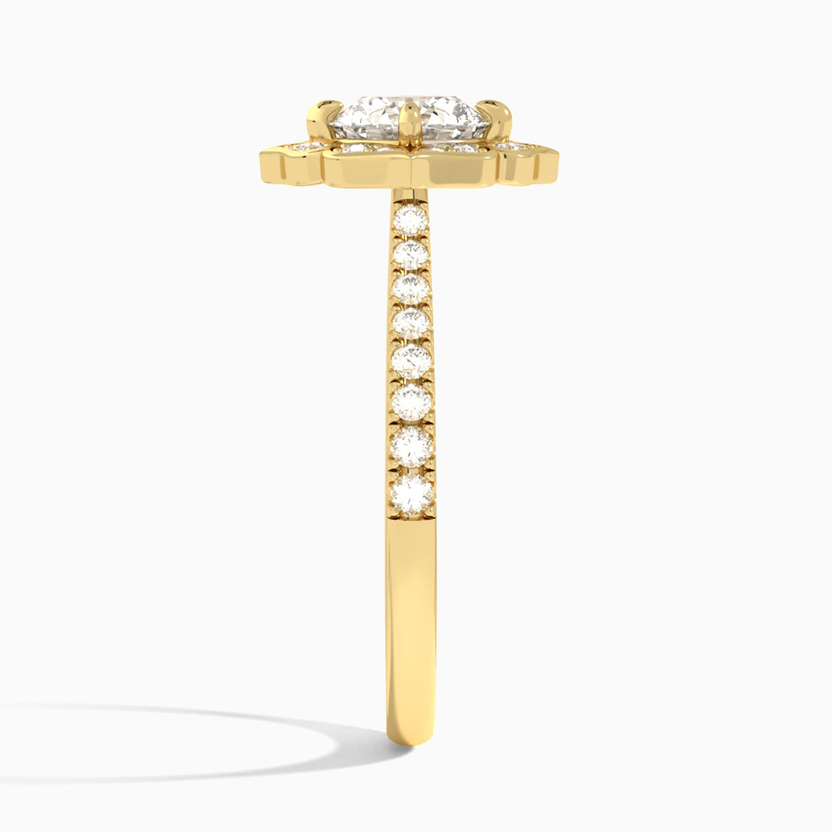 Round Decorated Halo Lab Diamond Engagement Ring In 18K Yellow Gold, Side View