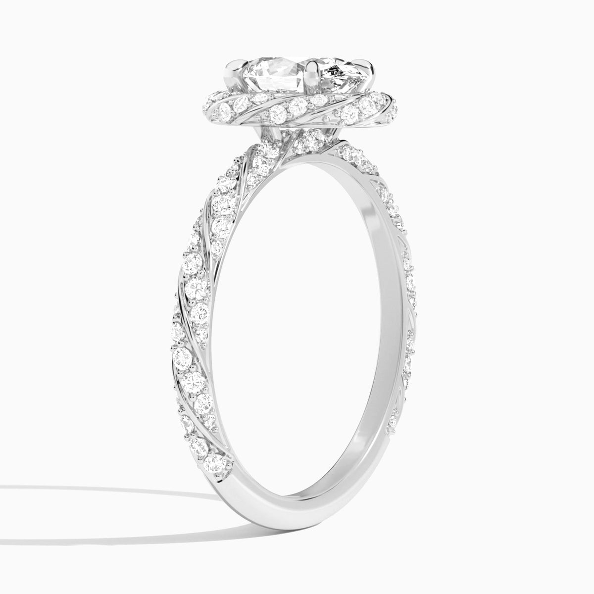 Oval Luxe Twisted Shank Halo Lab Diamond Engagement Ring In Platinum, Angle View